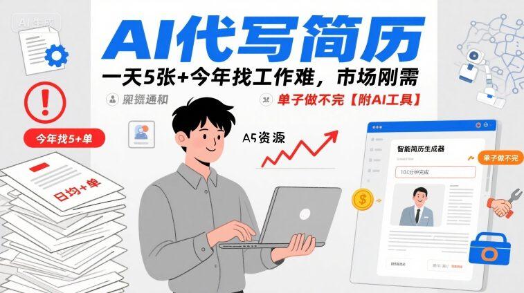 AI代写简历,一天5张+今年找工作难,市场刚需,单子做不完【附AI工具】