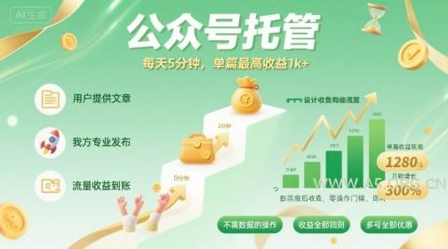 【公众号托管 】我提供文章，你发布，每天5分钟，单篇最高收益1k+【揭秘】
