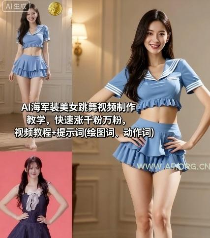 AI海军装美女跳舞视频制作教学，快速涨千粉万粉，视频教程+提示词(绘图词、动作词)