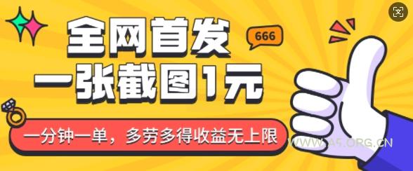 全网首发，一张截图1块钱，一分钟一单，多劳多得，收益无上限