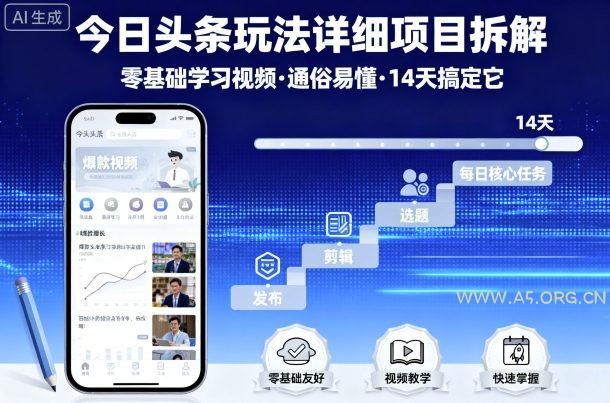 今日头条玩法详细项目拆解，零基础学习视频 通俗易懂 14天搞定它