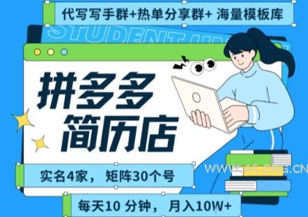 拼多多虚拟资料项目全SOP流程，毫无保留分享，每天十分钟，每人实名四个店，矩阵30个账号， 月入几个W
