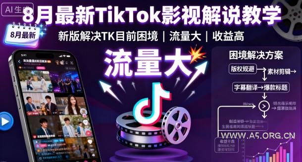 8月最新TikTok影视解说教学，新版解决TK目前困境，流量大，收益高