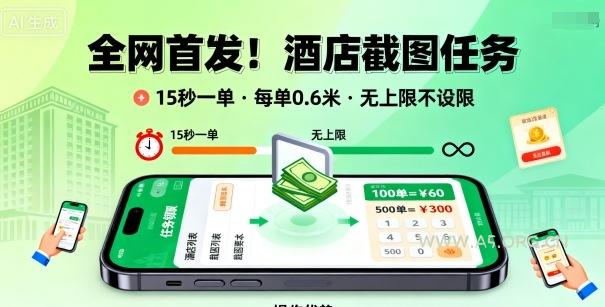 全网首发！酒店截图任务，15秒一单，每单0.6米，任务无上限不设限，矩阵操作单日3张到手【揭秘】