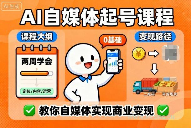 AI自媒体起号课程，0基础小白两周学会，教你自媒体实现商业变现