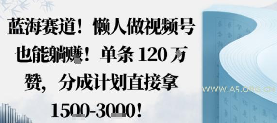 蓝海赛道，懒人做视频号也能躺挣，单条120W赞，分成计划直接拿1.5k，不用拍不用剪