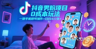 抖音男粉项目0成本玩法，一部手机即可操作，日均4张+，时间自由