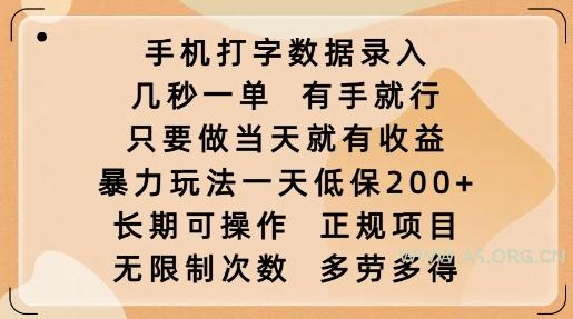 手机打字数据录入，几秒一单，有手就行，只要做当天就有收益，暴力玩法一天低保2张