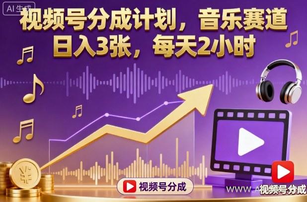 视频号分成计划，音乐赛道，日入3张，每天2小时
