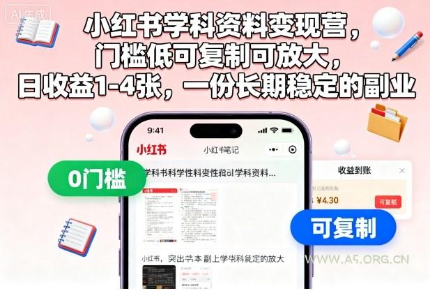 小红书学科资料变现营,门槛低可复制可放大,日收益1-4张,一份长期稳定的副业