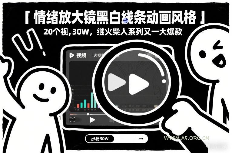 情绪放大镜黑白线条动画风格，20个视频，涨粉30W，继火柴人系列又一大爆款-小红泡