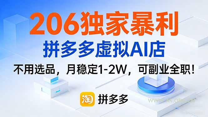 206独家暴利，拼多多虚拟AI店，不用选品，月稳定1-2W，可副业全职！-小红泡