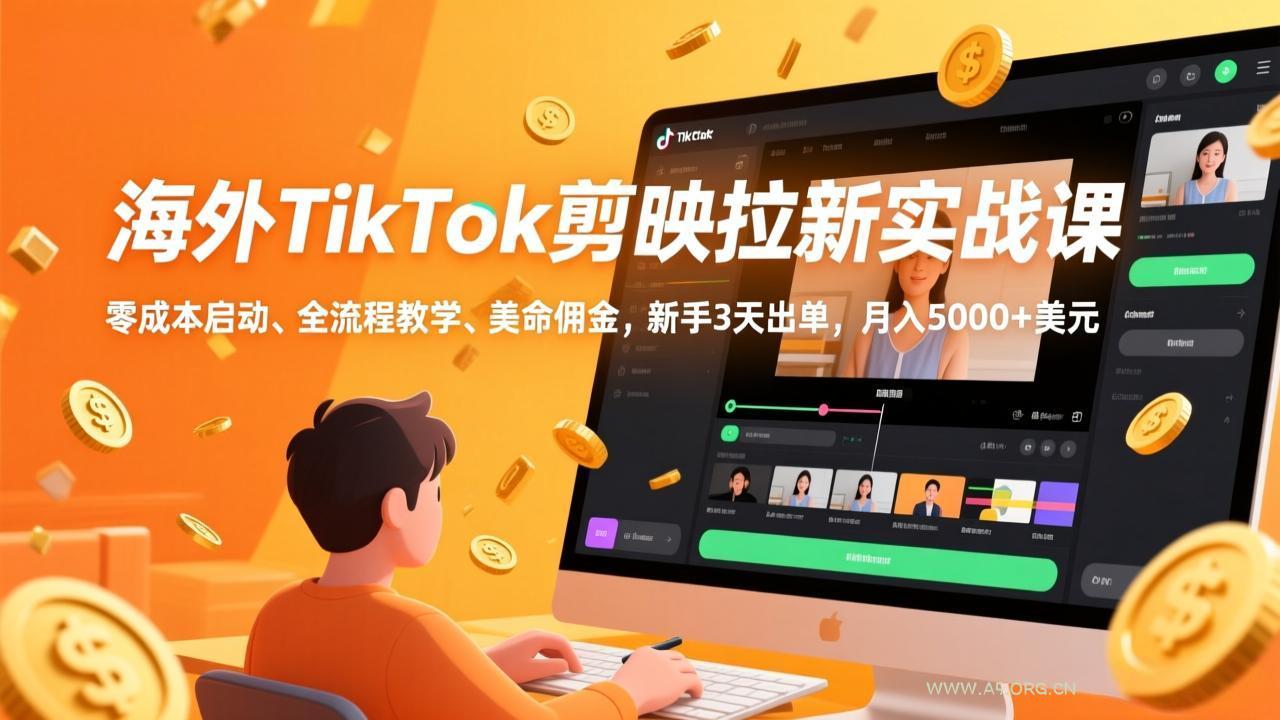 海外TikTok剪映拉新实战课，零成本启动、全流程教学、美金佣金，新手3天出单，月入5000+美元-小红泡