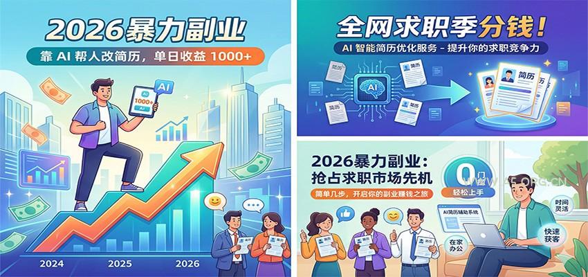 2026暴力副业：靠AI帮人改简历，单日收益1000+，全网求职季分钱-小红泡