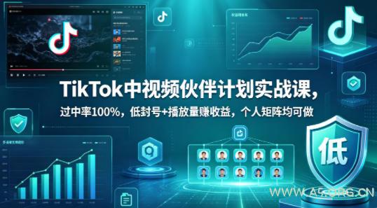 TikTok中视频伙伴计划实战课,过中率100%,低封号+播放量賺收益,个人矩阵均可做