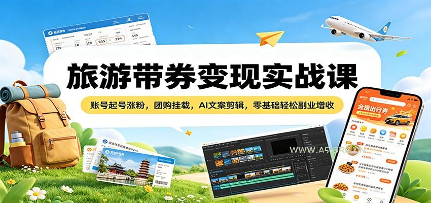 旅游带券变现实战课：账号起号涨粉，团购挂载，AI文案剪辑，零基础轻松副业增收-小红泡