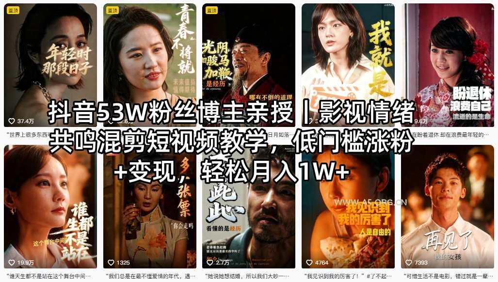 抖音53W粉丝博主亲授｜影视情绪共鸣混剪短视频教学，低门槛涨粉+变现，轻松月入1W+-小红泡