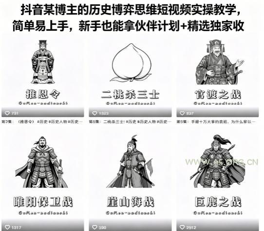 抖音某博主的历史博弈思维短视频实操教学，简单易上手，新手也能拿伙伴计划+精选独家收益-小红泡