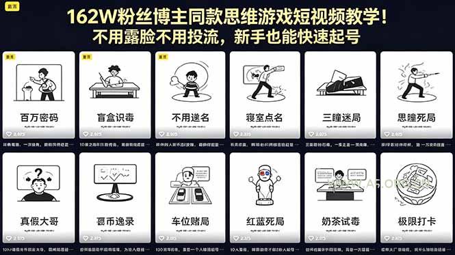 162W粉丝博主同款思维游戏短视频教学！不用露脸不用投流，新手也能快速起号-小红泡